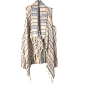 Boho Striped Fringe Drape Vest - Beige & Blue